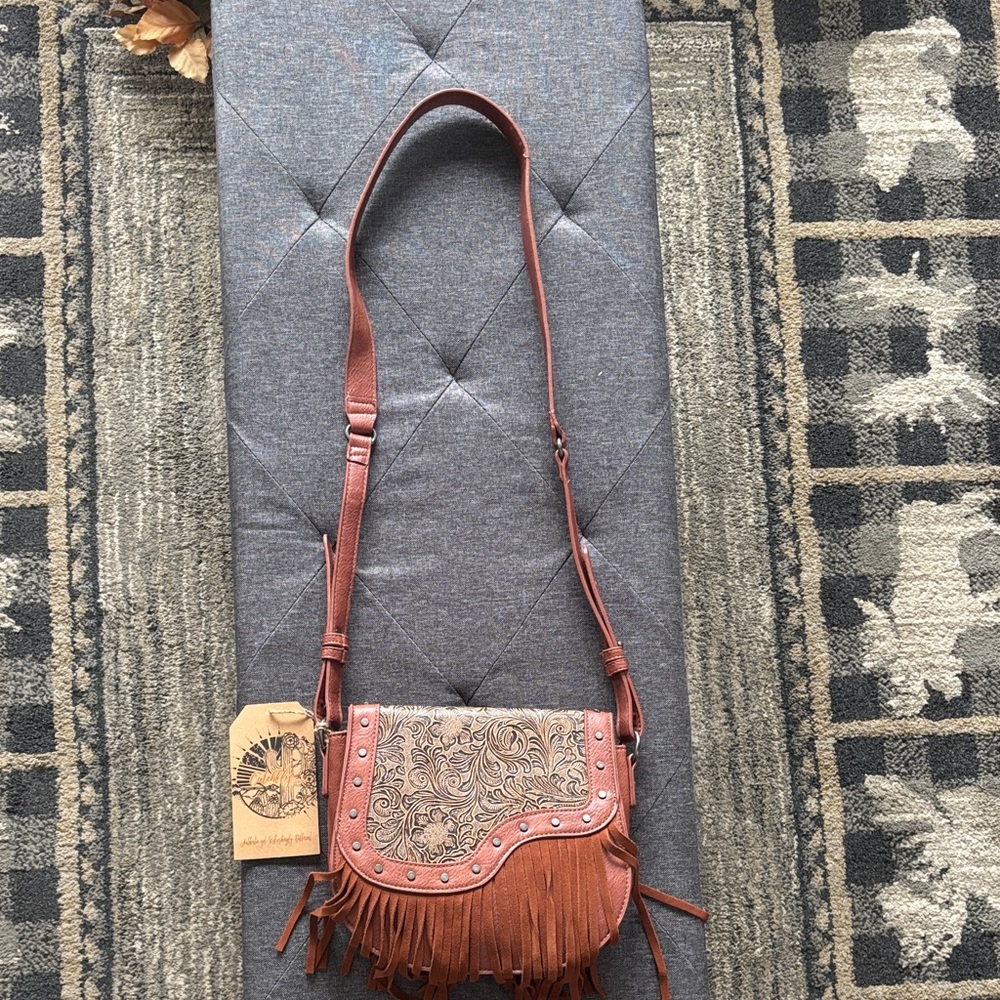 Brown Patterned Fringe Crossbody Bag